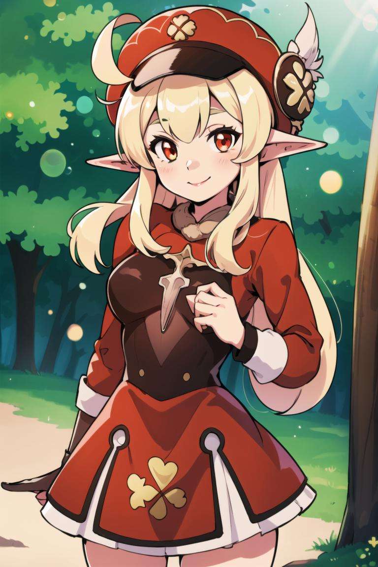 centered, award winning photo, (looking at viewer:1.2), | smile,  Adult_Klee_Genshin, red hat, blonde, pointy ears, elf, red skirt, |forest, | dynamic pose, bokeh, depth of field, cinematic composition, | <lora:Adult_Klee_Genshin:0.8>