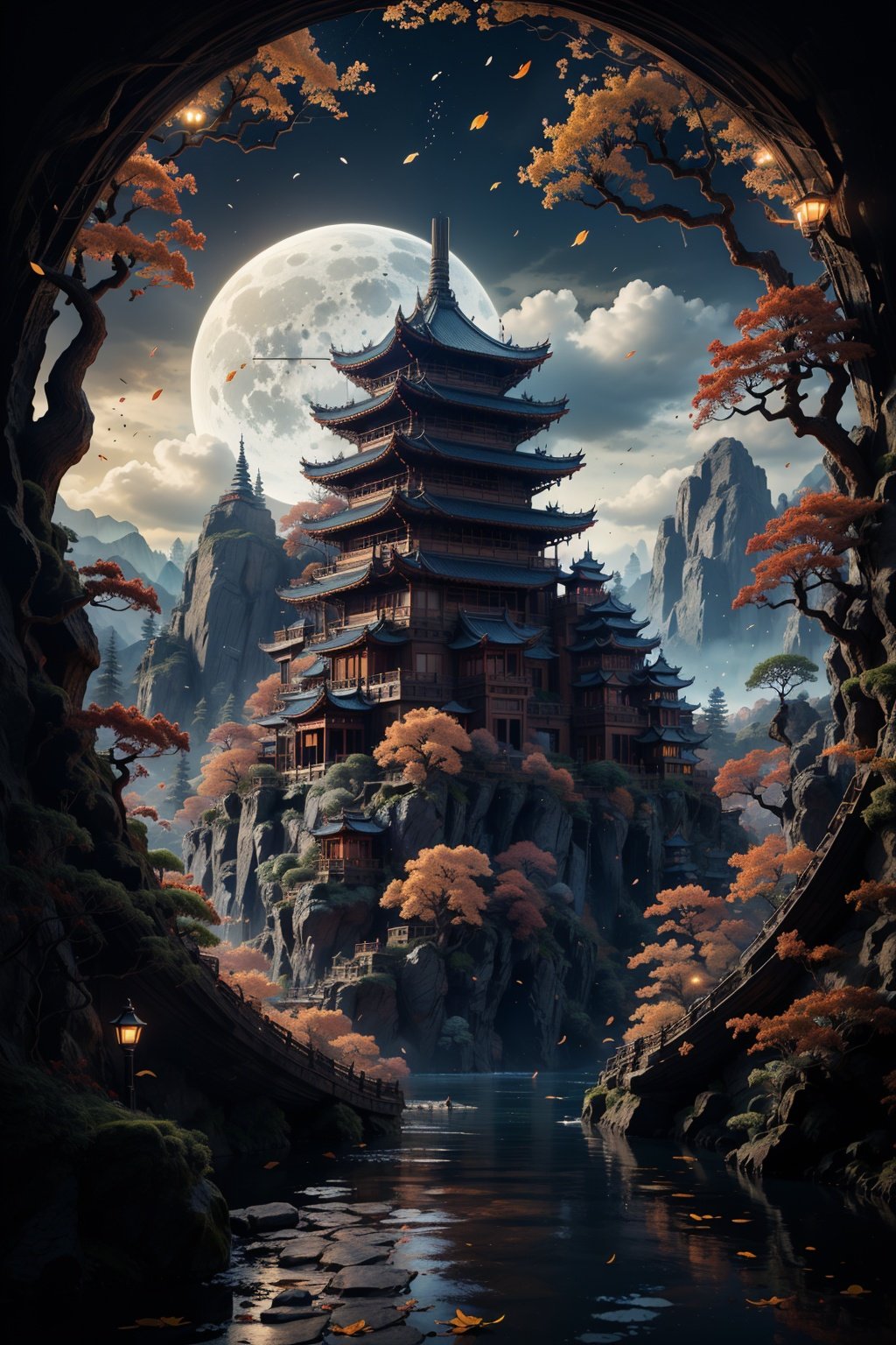 BJ_Ancient_city, outdoors, sky, cloud, water, tree, no_humans, night, leaf, moon, building, night_sky, scenery, full_moon, mountain, autumn_leaves, architecture, east_asian_architecture, pagoda, east_asian_architecture, pagoda,cinematic lighting,strong contrast,high level of detail,Best quality,masterpiece,<lora:Ancient_city:0.7>,