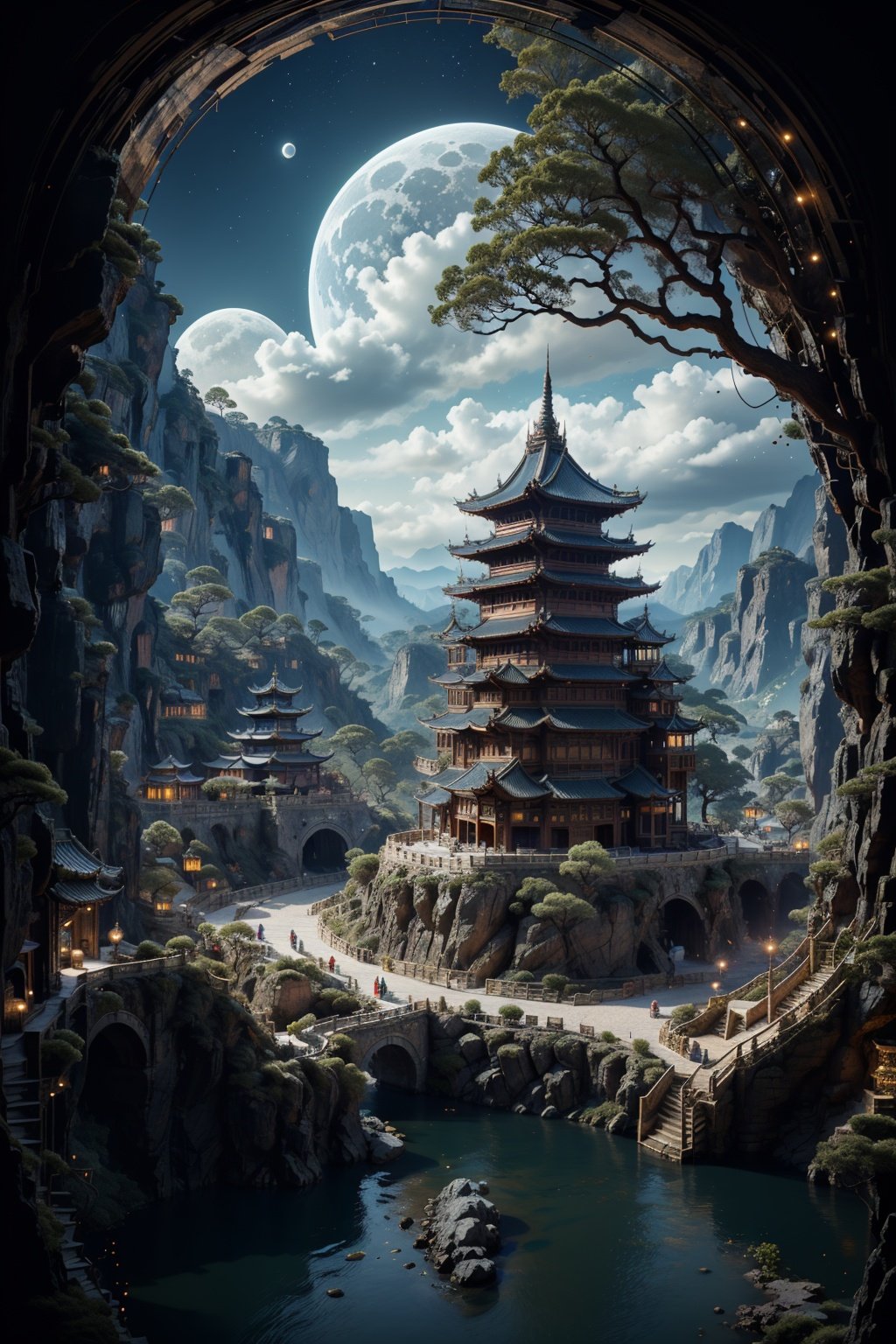 BJ_Ancient_city, outdoors, sky, cloud, water, tree, no_humans, night, moon, building, night_sky, scenery, full_moon, stairs, mountain, architecture, bridge, east_asian_architecture, pagoda,cinematic lighting,strong contrast,high level of detail,Best quality,masterpiece,<lora:Ancient_city:0.7>,