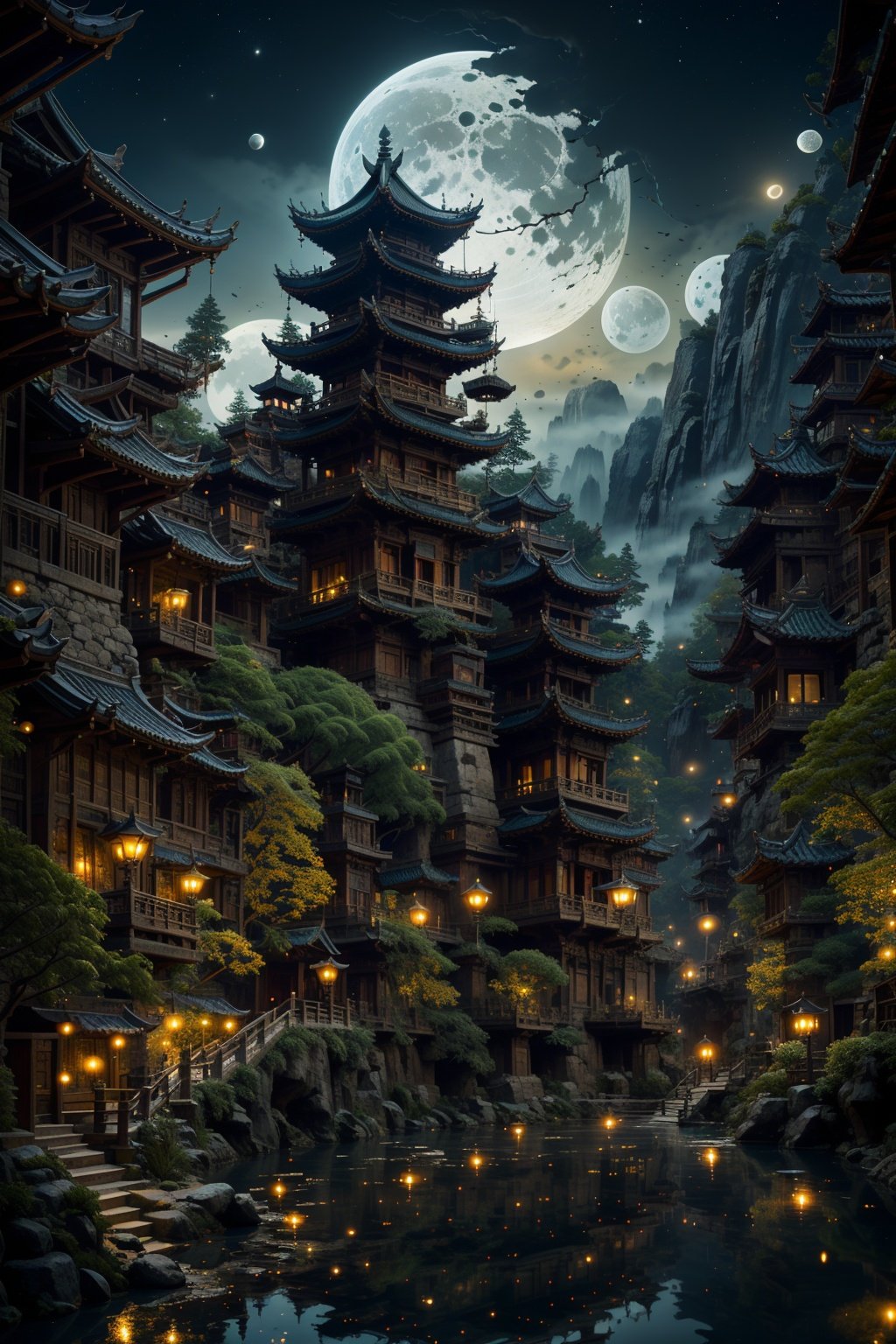 BJ_Ancient_city, outdoors, sky, water, tree, no_humans, night, moon, building, scenery, full_moon, reflection, lantern, stairs, mountain, architecture, bridge, east_asian_architecture, pagoda,cinematic lighting,strong contrast,high level of detail,Best quality,masterpiece,<lora:Ancient_city:0.7>,