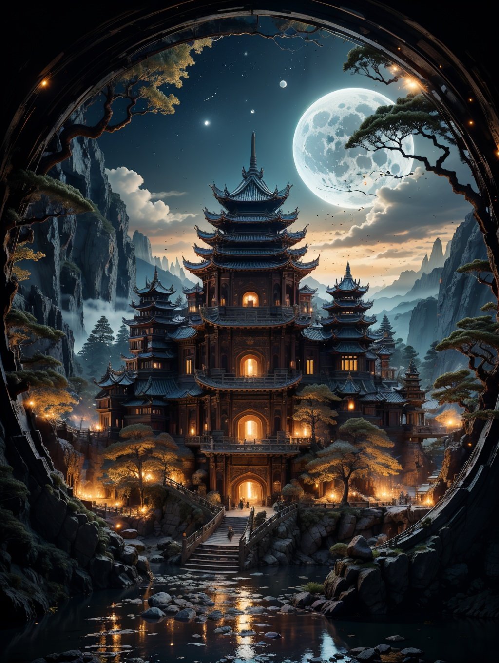 BJ_Ancient_city,outdoors,sky,cloud,water,tree,no_humans,night,moon,fire,building,night_sky,scenery,full_moon,stairs,mountain,architecture,bridge,east_asian_architecture,cinematic lighting,strong contrast,high level of detail,Best quality,masterpiece,<lora:Ancient_city:0.7>,