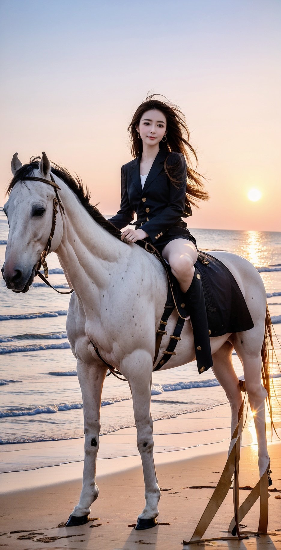 At sunset, there is a woman riding a horse on the beach, with her at sunset, sunrise, sunset, sunset on the beach, in the sunset, on the beach at sunset, during prime time, riding a horse, at sunset, on the beach at sunset, on the beach at sunset, at sunset, on the beautiful sunset, driven by a horse,Gold,Dark gold and black attire.,feet101,feet dark gold equestrian boots,Gold,dark gold equestrian boots,behisheroine