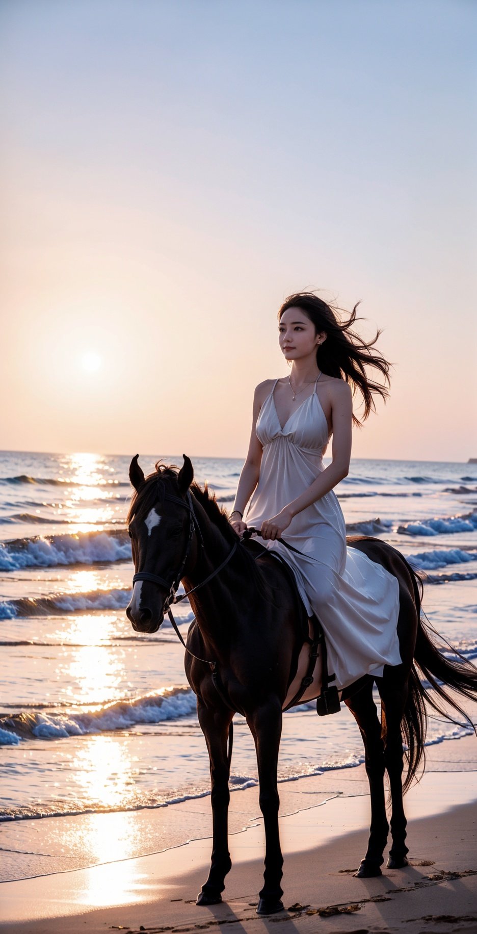 At sunset, there is a woman riding a horse on the beach, with her at sunset, sunrise, sunset, sunset on the beach, in the sunset, on the beach at sunset, during prime time, riding a horse, at sunset, on the beach at sunset, on the beach at sunset, at sunset, on the beautiful sunset, driven by a horse