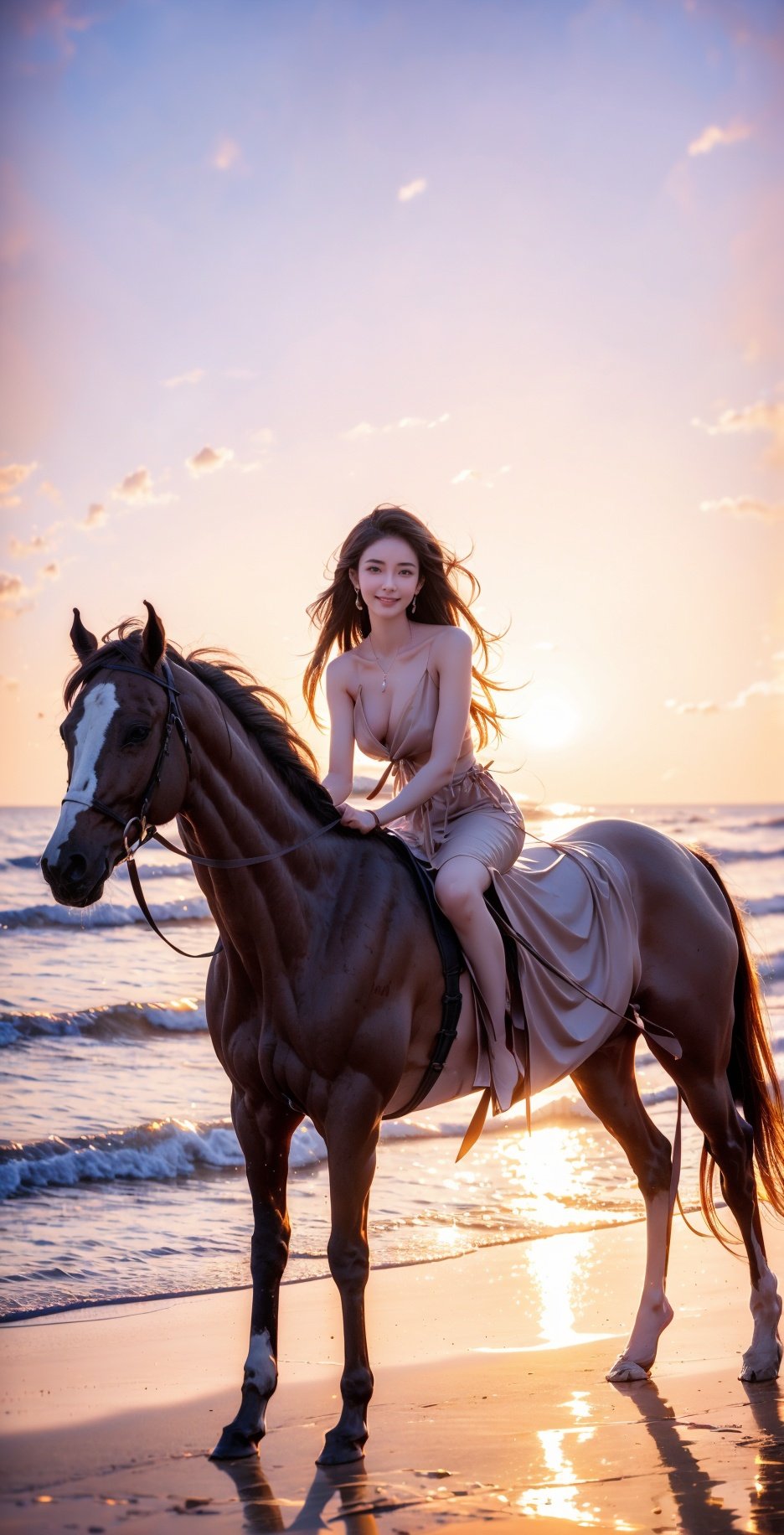 At sunset, there is a woman riding a horse on the beach, with her at sunset, sunrise, sunset, sunset on the beach, in the sunset, on the beach at sunset, during prime time, riding a horse, at sunset, on the beach at sunset, on the beach at sunset, at sunset, on the beautiful sunset, driven by a horse,1girl