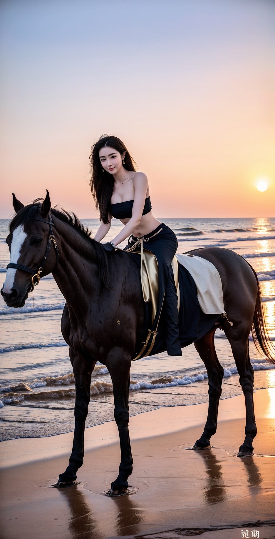 At sunset, there is a woman riding a horse on the beach, with her at sunset, sunrise, sunset, sunset on the beach, in the sunset, on the beach at sunset, during prime time, riding a horse, at sunset, on the beach at sunset, on the beach at sunset, at sunset, on the beautiful sunset, driven by a horse,Gold,Dark gold and black attire.,feet101,feet dark gold equestrian boots,Gold,dark gold equestrian boots