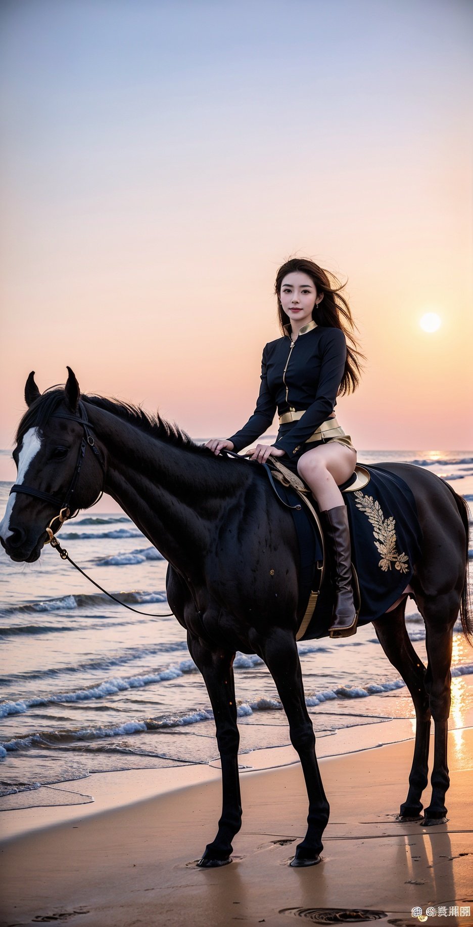 At sunset, there is a woman riding a horse on the beach, with her at sunset, sunrise, sunset, sunset on the beach, in the sunset, on the beach at sunset, during prime time, riding a horse, at sunset, on the beach at sunset, on the beach at sunset, at sunset, on the beautiful sunset, driven by a horse,Gold,Dark gold and black attire.,feet101,feet dark gold equestrian boots,Gold,dark gold equestrian boots