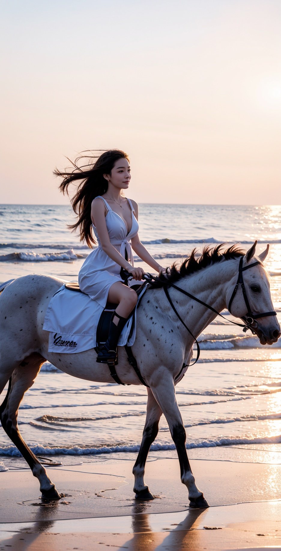 At sunset, there is a woman riding a horse on the beach, with her at sunset, sunrise, sunset, sunset on the beach, in the sunset, on the beach at sunset, during prime time, riding a horse, at sunset, on the beach at sunset, on the beach at sunset, at sunset, on the beautiful sunset, driven by a horse