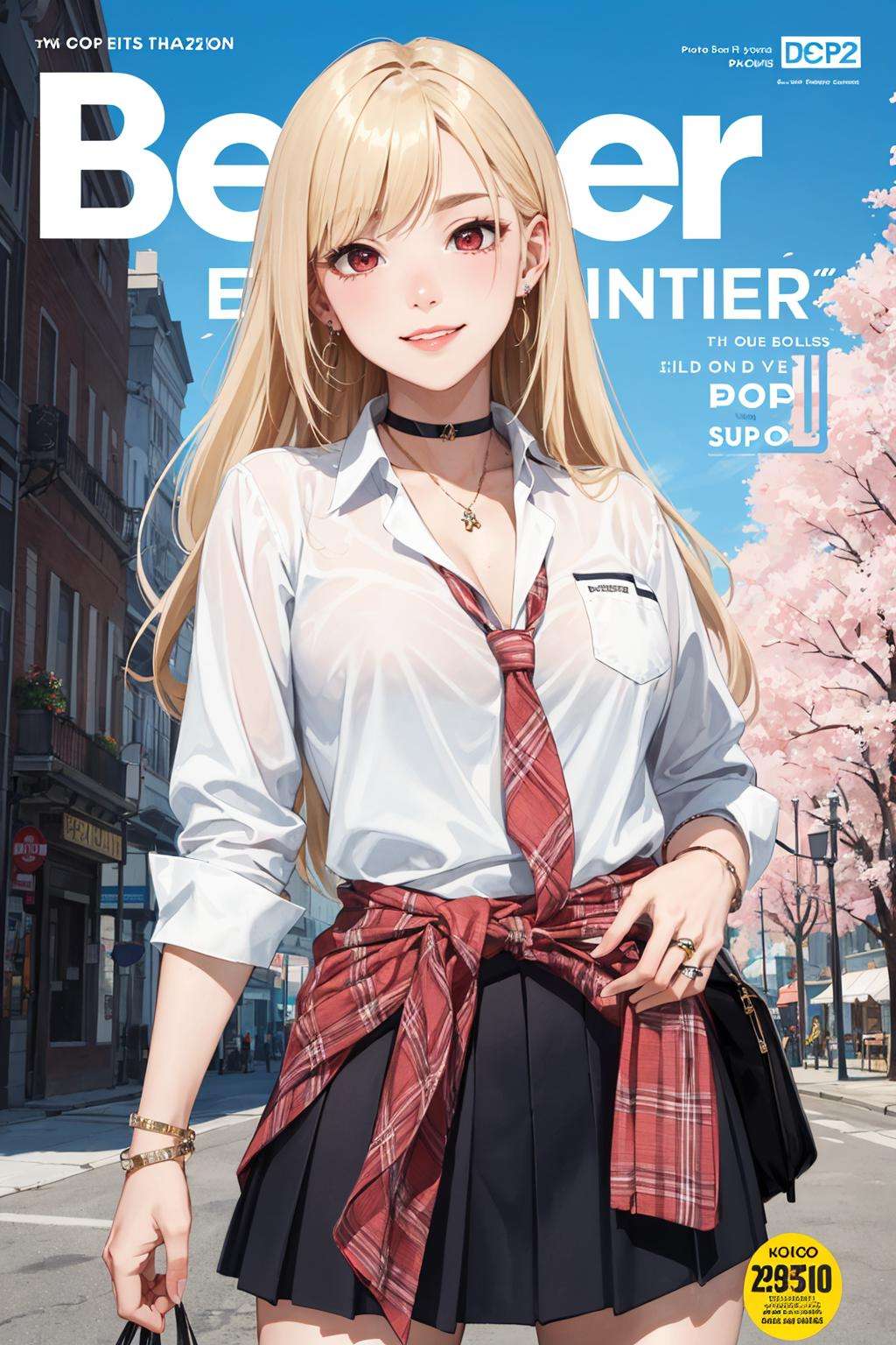 masterpiece, best quality, full body, 1girl, bangs, black choker, black necktie, blonde hair, blue skirt, blush, bracelet, breasts, choker, clothes around waist, collarbone, collared shirt, cowboy shot, dress shirt, ear piercing, eyebrows visible through hair, gradient hair, grin, gyaru, jewelry, kogal, long hair, looking at viewer, loose necktie, necktie, piercing, plaid, plaid skirt, pleated skirt, red eyes, ring, school uniform, shirt, skirt, smile, solo, white shirt, street, sky, cherry blossoms, petals,illustration, (magazine:1.3), (cover-style:1.3), fashionable, woman, vibrant, outfit, posing, front, colorful, dynamic, background, elements, confident, expression, holding, statement, accessory, majestic, coiled, around, touch, scene, text, cover, bold, attention-grabbing, title, stylish, font, catchy, headline, larger, striking, modern, trendy, focus, fashion,