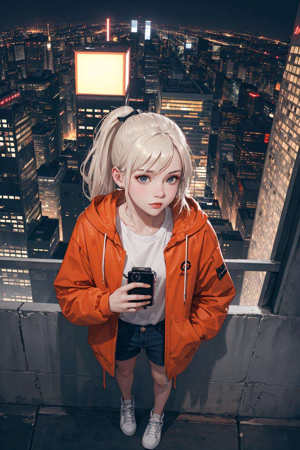 realistic, best quality, 8k uhd, dslr, soft lighting, high quality, film grain, Fujifilm XT3,(close up, from directly above), Edgy girl, dark orange jacket, white sneaker, platinum blonde hair color, ponytail, dramatic makeup, piecing, (nighttime, dark city), neon signs, individuality, authenticity, creative expression,camera, computer, books, messy room, rooftop apartment