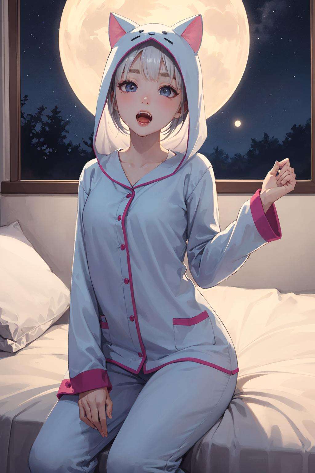 Original Character, Volumetric Lighting, Best Shadows, Shallow Depth of Field, Portrait Of Stunningly Beautiful Girl, Petite, Delicate Beautiful Attractive Face With Alluring Black Eyes, Half Closed Eyes, Thick Eyebrows, Yawning, Open Mouth, Cute Fangs, Lovely Small Breasts, Layered Medium White Hair, Blush Eyeshadow, Thick Eyelashes, Kigurumi Animal Pajamas, In The Dreamy Attic Bedroom, Sitting On Comfortable Bed, With Animal Pillows, Lovely Duvet Cover, Under The Circular Round Window, Fantastic Night Sky of Through Window, Moonlight, Milky Way, Starburst, (Highest Quality, Amazing Details:1.25), (Solo:1.3), Brilliant Colorful Paintings