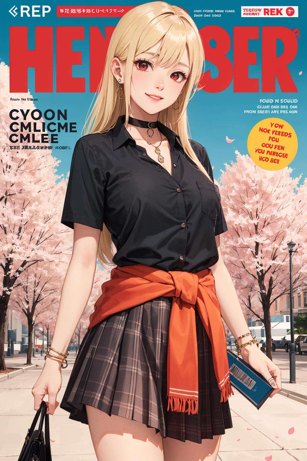 masterpiece, best quality, full body, 1girl, bangs, black choker, black necktie, blonde hair, blue skirt, blush, bracelet, breasts, choker, clothes around waist, collarbone, collared shirt, cowboy shot, dress shirt, ear piercing, eyebrows visible through hair, gradient hair, grin, gyaru, jewelry, kogal, long hair, looking at viewer, loose necktie, necktie, piercing, plaid, plaid skirt, pleated skirt, red eyes, ring, school uniform, shirt, skirt, smile, solo, white shirt, street, sky, cherry blossoms, petals,illustration, (magazine:1.3), (cover-style:1.3), fashionable, woman, vibrant, outfit, posing, front, colorful, dynamic, background, elements, confident, expression, holding, statement, accessory, majestic, coiled, around, touch, scene, text, cover, bold, attention-grabbing, title, stylish, font, catchy, headline, larger, striking, modern, trendy, focus, fashion,