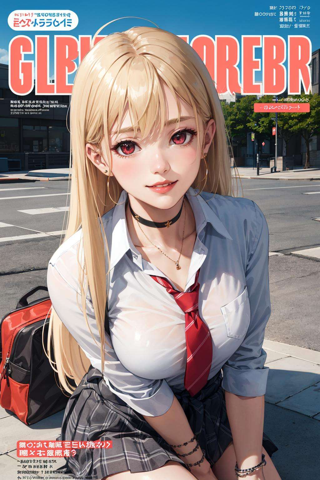 masterpiece, best quality, full body, 1girl, bangs, black choker, black necktie, blonde hair, blue skirt, blush, bracelet, breasts, choker, clothes around waist, collarbone, collared shirt, cowboy shot, dress shirt, ear piercing, eyebrows visible through hair, gradient hair, grin, gyaru, jewelry, kogal, long hair, looking at viewer, loose necktie, necktie, piercing, plaid, plaid skirt, pleated skirt, red eyes, ring, school uniform, shirt, skirt, smile, solo, white shirt, street, sky, cherry blossoms, petals,illustration, (magazine:1.3), (cover-style:1.3), fashionable, woman, vibrant, outfit, posing, front, colorful, dynamic, background, elements, confident, expression, holding, statement, accessory, majestic, coiled, around, touch, scene, text, cover, bold, attention-grabbing, title, stylish, font, catchy, headline, larger, striking, modern, trendy, focus, fashion,
