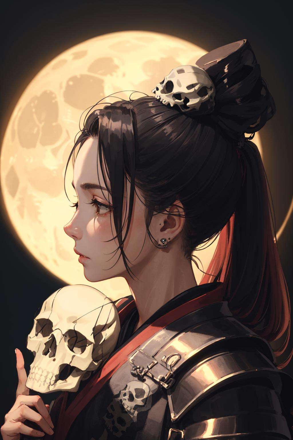 ((best quality)), ((masterpiece)), (detailed), portrait, female samurai, mystical, night, dark deep forest, ((glowing skull in hand:1.2)), cinematic, armor, determined expression, traditional hairstyle, moonlight, (shadows:1.2), subtle glow, close-up view.