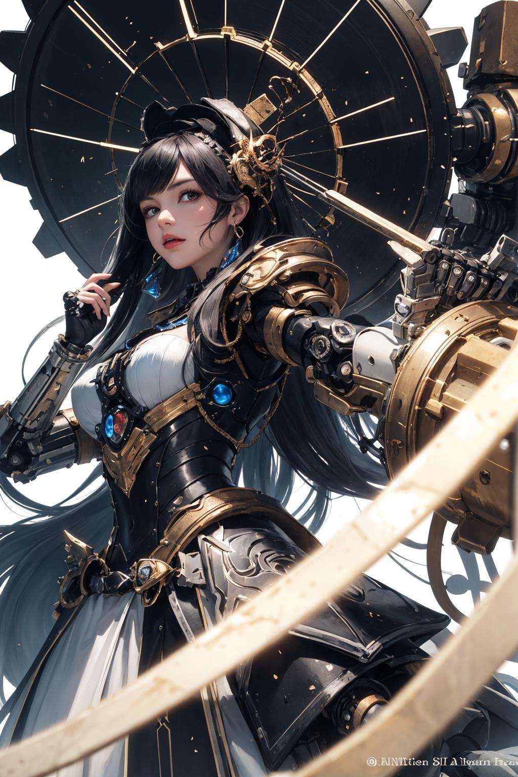 (Masterpiece, top quality, best quality, official art, beautiful and aesthetic:1. 2), ultra realistic, vibrant color, centered, focused shot, Instagram able, selfie, close up shot, dominating, biochemical cybernetic 1young witch, steampunk clockwork witch hat, cybernetic style witch dress, stray hair, magical aura, dynamic pose, (fractal art:1. 5, zentangle:1. 1), (epic composition, epic proportion), (gears background), professional work, extremely detailed, high quality, 16K, highres, ultra details, finely detail, an extremely delicate and beautiful, extremely detailed, real shadow, mechanical parts, robot joints, headgear, full armor, mechanical parts, robot joints, headgear, full armor, mecha musume