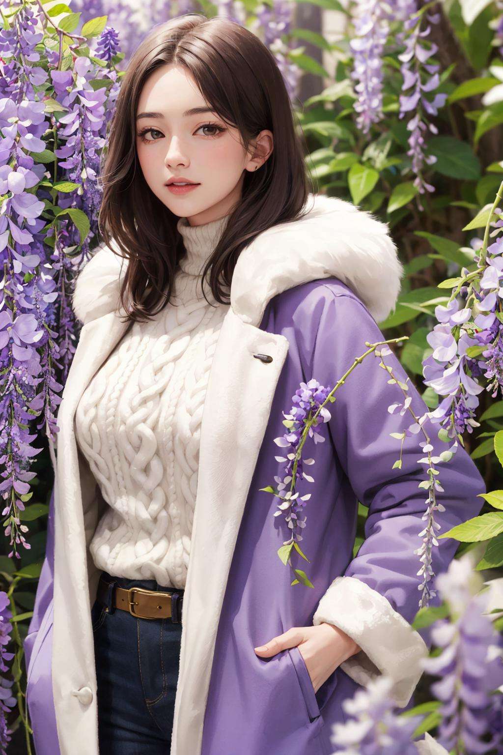 realistic, best quality, high quality, film grain,1girl, mature female, (smile:0.5), big breasts, standing, ((wisteria tree, flowers, tree branch)),(long sweater), (fur coat jacket:1.3)