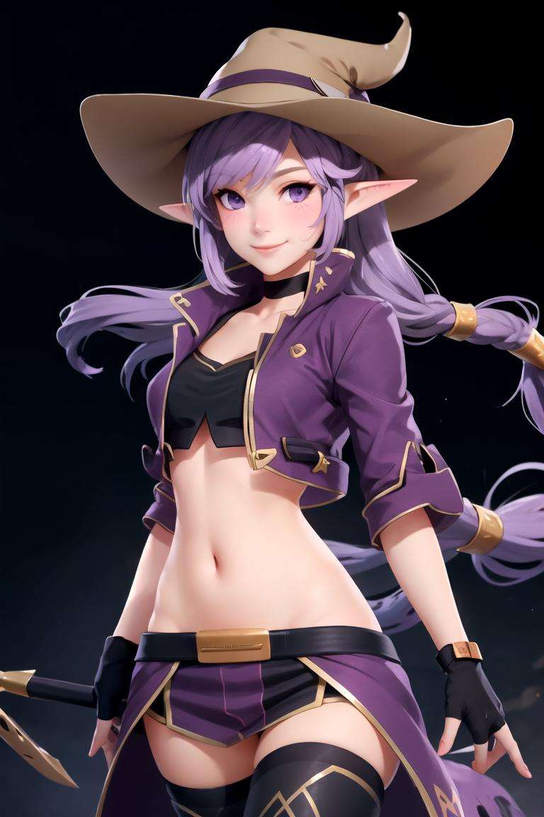 centered, award winning upper body portrait, cowboy shot, (looking at viewer:1.2), | solo, standing, smile, Kaleina, pointy ears, purple jacket, | forest, swirling magic, , | bokeh, depth of field, cinematic composition, |  dynamic pose, <lora:Kaleina_Anime:0.8>