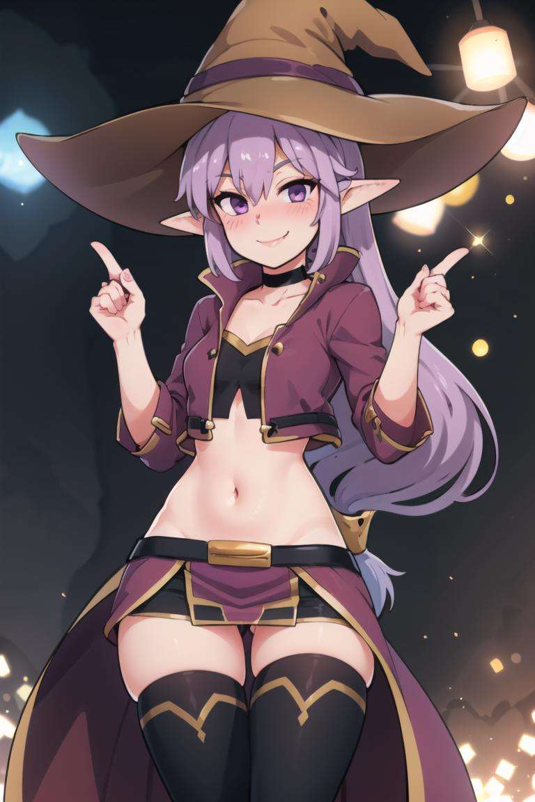 centered, award winning photo, (looking at viewer:1.2), | smile,  Kaleina, brown witch hat, purple hair, big smile, blushing, smug, |forest, swirling magic,  | dynamic pose, contrapposto, bokeh, depth of field, cinematic composition, | <lora:Kaleina_AnyLora:0.8>