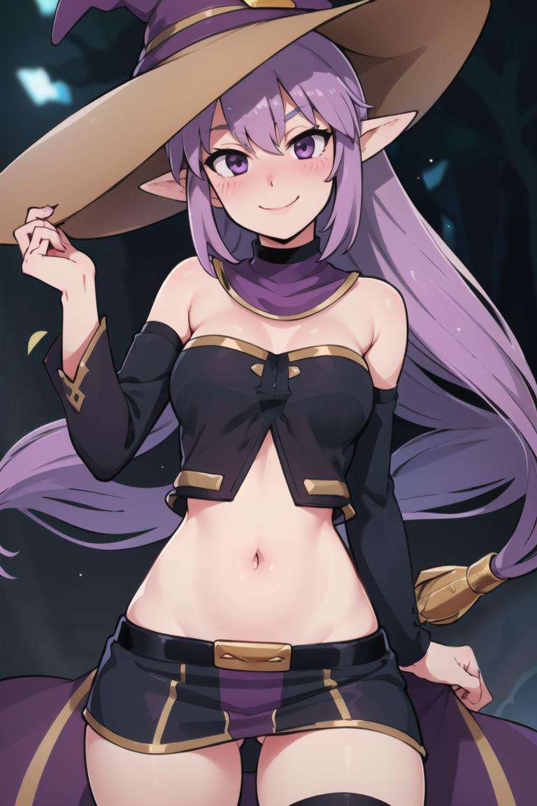 centered, award winning photo, (looking at viewer:1.2), | smile,  Kaleina, brown witch hat, purple hair, bare shoulders, crop top blushing, smug, |forest, swirling magic,  | dynamic pose, contrapposto, bokeh, depth of field, cinematic composition, | <lora:Kaleina_AnyLora:0.8>