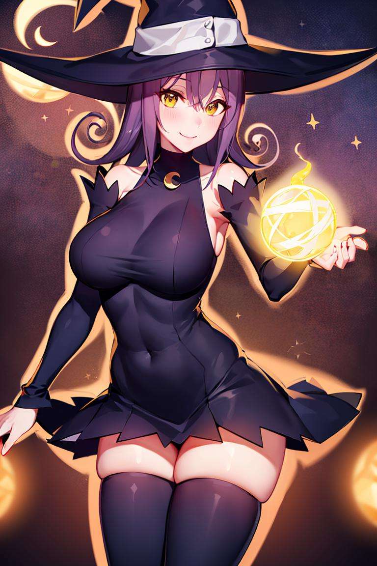 centered, award winning photo, (looking at viewer:1.2), | smile,  Blair_Soul_Eater, curvy, witch hat, short skirt, thighhighs  |dark magic, crescent moon, | dynamic pose, contrapposto, bokeh, depth of field, cinematic composition, | <lora:Blair_Soul_Eater:0.7>