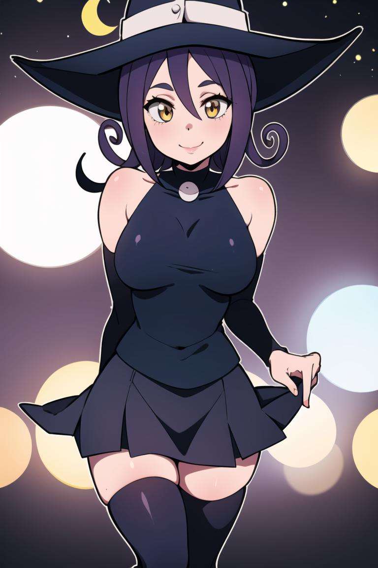 centered, award winning photo, (looking at viewer:1.2), | smile,  Blair_Soul_Eater, witch hat, short skirt, thighhighs  |dark magic, crescent moon, | dynamic pose, bokeh, depth of field, cinematic composition, | <lora:Blair_Soul_Eater:0.8>