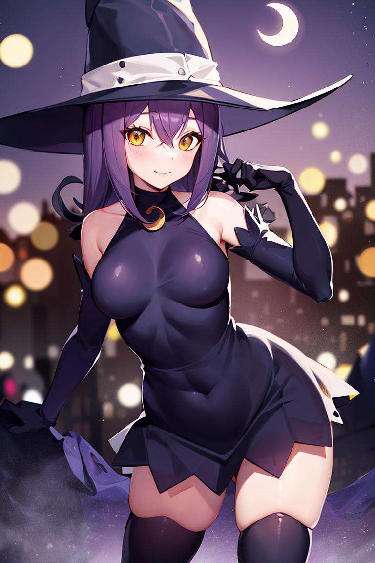 centered, award winning photo, (looking at viewer:1.2), | smile,  Blair_Soul_Eater, curvy, witch hat, short skirt, thighhighs  |dark magic, crescent moon, | dynamic pose, contrapposto, bokeh, depth of field, cinematic composition, | <lora:Blair_Soul_Eater:0.7>