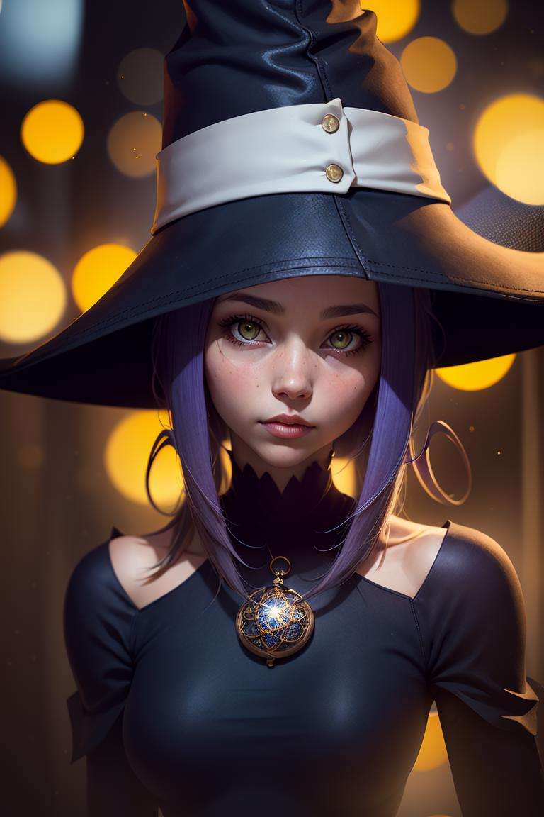 centered, award winning photo, beautiful portrait, (looking at viewer:1.2), |  Blair_Soul_Eater, witch hat, | | bokeh, depth of field, cinematic composition, | <lora:Blair_Soul_Eater:0.8>