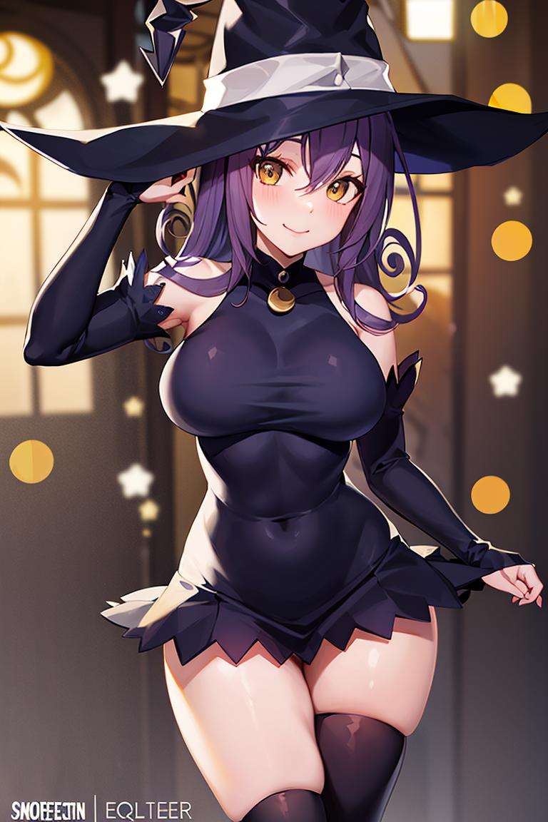 centered, award winning photo, (looking at viewer:1.2), | smile,  Blair_Soul_Eater, curvy, witch hat, short skirt, thighhighs  |dark magic, crescent moon, | dynamic pose, contrapposto, bokeh, depth of field, cinematic composition, | <lora:Blair_Soul_Eater:0.7>