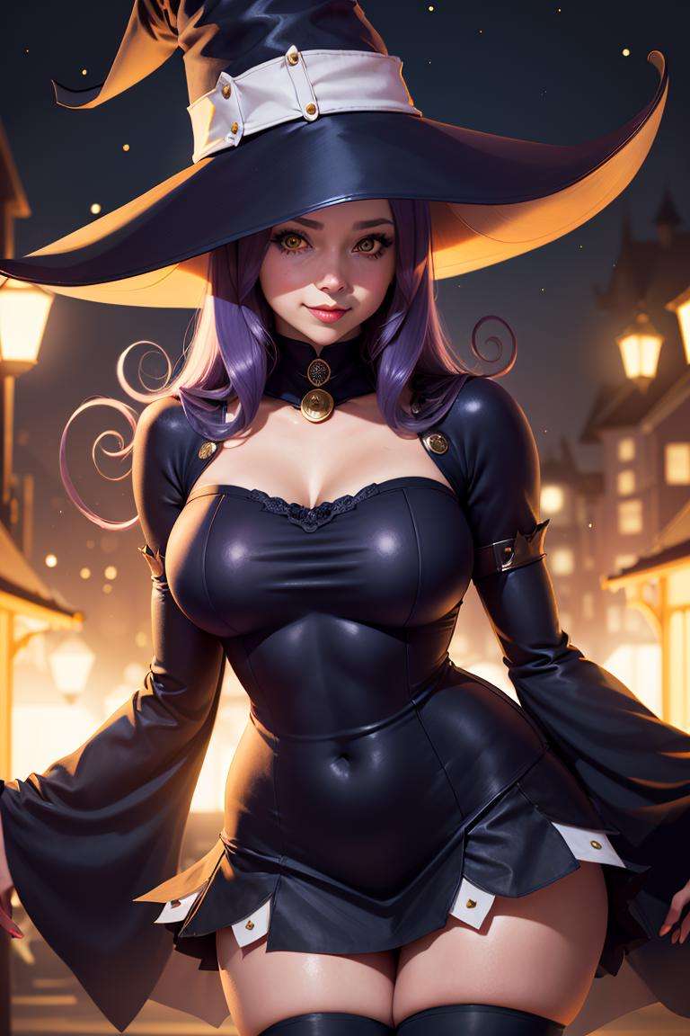centered, award winning photo, (looking at viewer:1.2), | smile,  Blair_Soul_Eater, curvy, witch hat, short skirt, thighhighs  |dark magic, crescent moon, | dynamic pose, contrapposto, bokeh, depth of field, cinematic composition, | <lora:Blair_Soul_Eater:0.6>