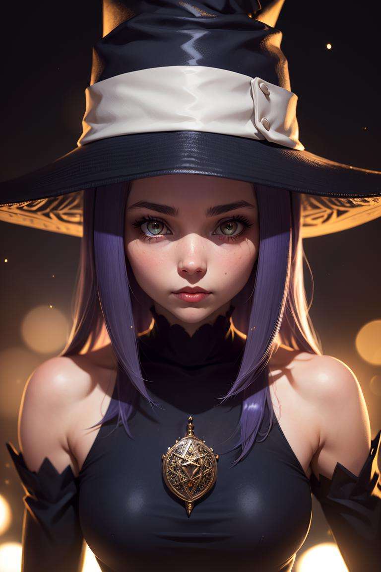 award winning photo, beautiful detailed face, (looking at viewer:1.2), |  Blair_Soul_Eater, witch hat, | | bokeh, depth of field, cinematic composition, | <lora:Blair_Soul_Eater:0.8>
