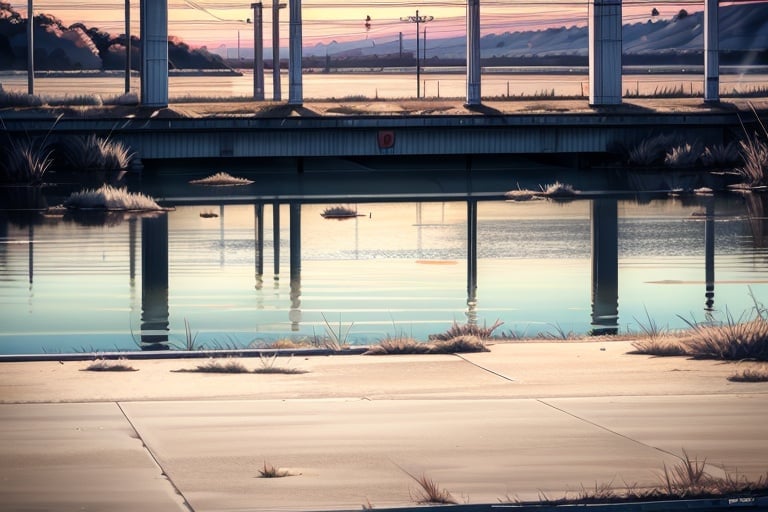 (((masterpiece,best quality))),((good structure,Good composition,good atomy)), ((clear, original,beautiful)),outdoors,lake,sunset,blue theme,sky,road,