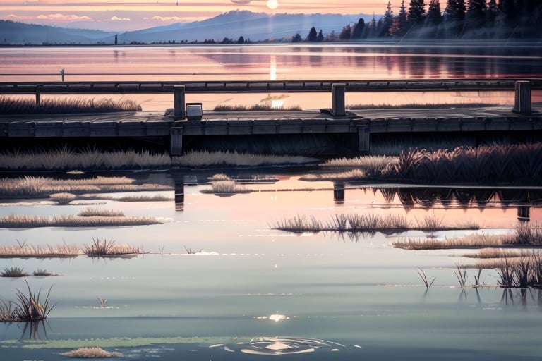 (((masterpiece,best quality))),((good structure,Good composition,good atomy)), ((clear, original,beautiful)),outdoors,lake,sunset,blue theme,sky,road,