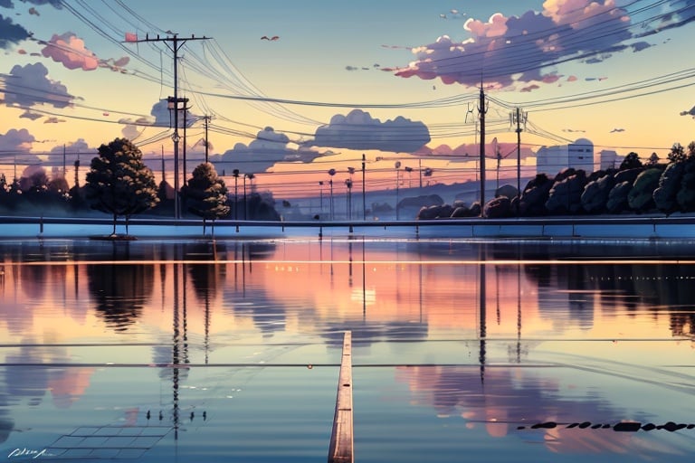 (((masterpiece,best quality))),((good structure,Good composition,good atomy)), ((clear, original,beautiful)),outdoors,lake,sunset,blue theme,sky,road,