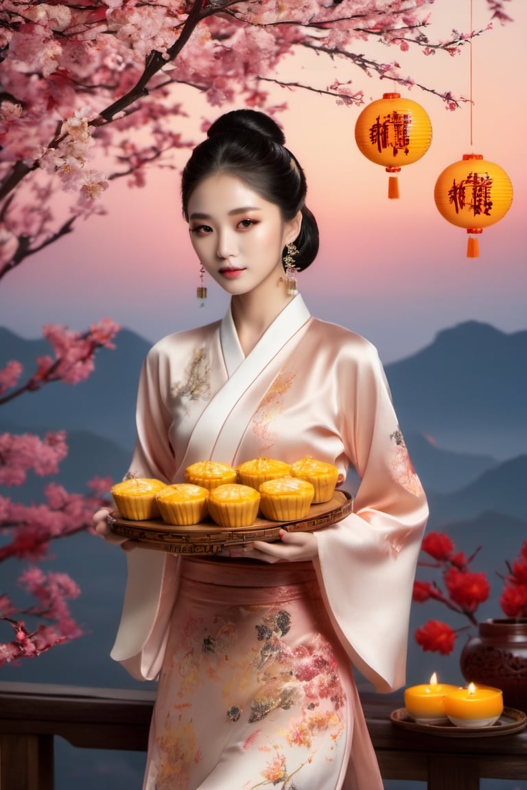 (masterpiece,best quality, ultra realistic,32k,RAW photo,detail skin, 8k uhd, dslr,high quality, film grain:1.5), Mid-Autumn Festival, wearing traditional Mid-Autumn Festival costumes holding moon cakes, midautumn_fes