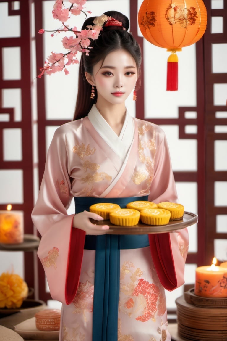 (masterpiece,best quality, ultra realistic,32k,RAW photo,detail skin, 8k uhd, dslr,high quality, film grain:1.5), Mid-Autumn Festival, wearing traditional Mid-Autumn Festival costumes holding moon cakes, midautumn_fes