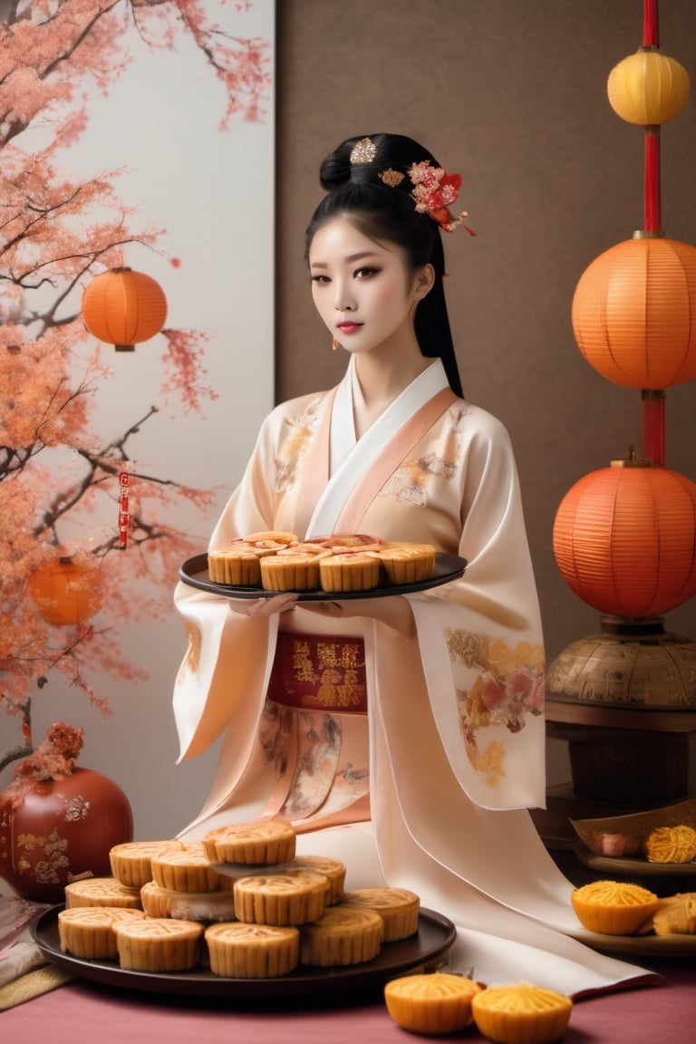 (masterpiece,best quality, ultra realistic,32k,RAW photo,detail skin, 8k uhd, dslr,high quality, film grain:1.5), Mid-Autumn Festival, wearing traditional Mid-Autumn Festival costumes holding moon cakes, midautumn_fes