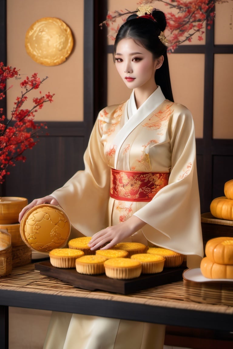 (masterpiece,best quality, ultra realistic,32k,RAW photo,detail skin, 8k uhd, dslr,high quality, film grain:1.5), Mid-Autumn Festival, wearing traditional Mid-Autumn Festival costumes holding moon cakes, midautumn_fes