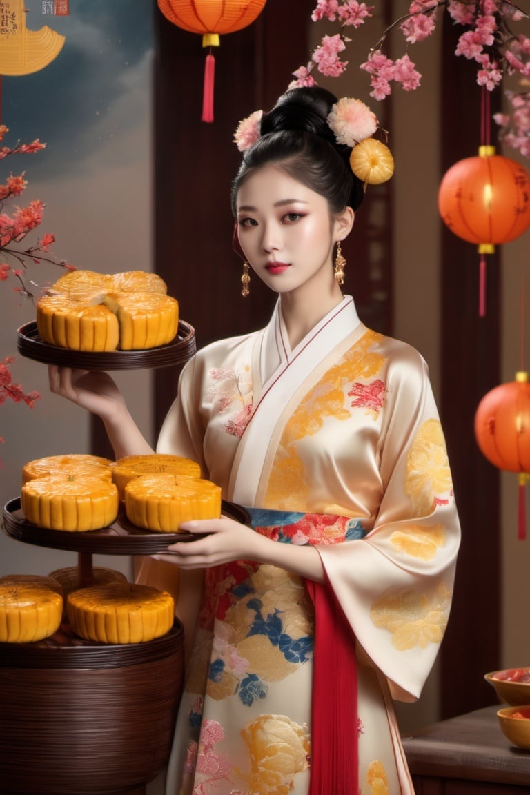 (masterpiece,best quality, ultra realistic,32k,RAW photo,detail skin, 8k uhd, dslr,high quality, film grain:1.5), Mid-Autumn Festival, wearing traditional Mid-Autumn Festival costumes holding moon cakes, midautumn_fes