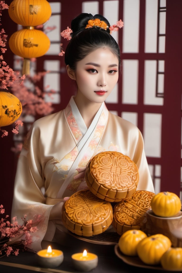 (masterpiece,best quality, ultra realistic,32k,RAW photo,detail skin, 8k uhd, dslr,high quality, film grain:1.5), Mid-Autumn Festival, wearing traditional Mid-Autumn Festival costumes holding moon cakes, midautumn_fes