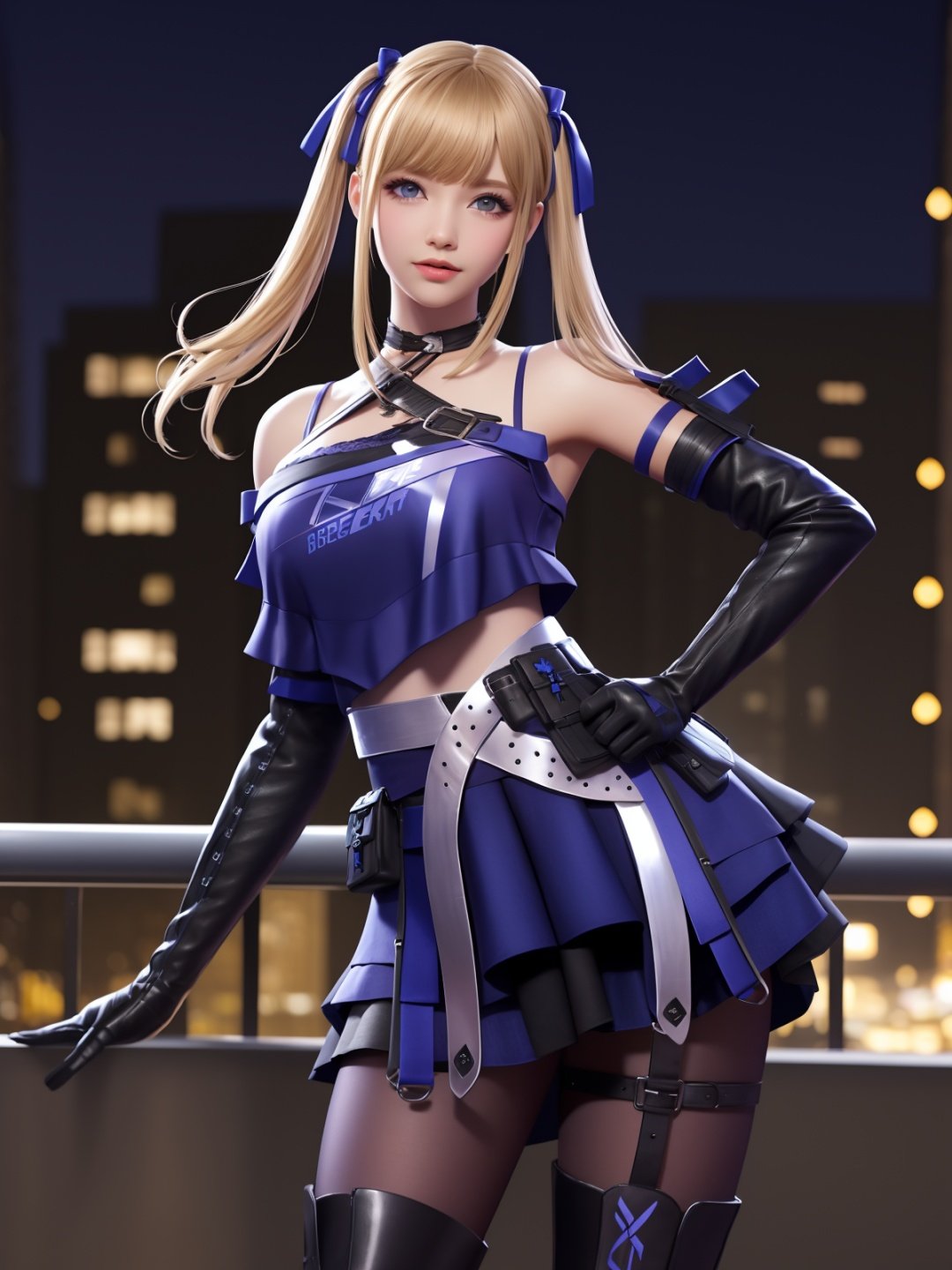 CFqingyaBW, 1girl, elbow gloves, solo,lace-up boots, blue eyes, blonde hair, pantyhose, twintails,skirt,choker, bare shoulders, bangs,crop top,hair ribbon,belt, <lora:CFqingyaBWii:0.75>,mature female, cityscape, night, looking at viewer, standing, cowboy shot, hand on hip, 