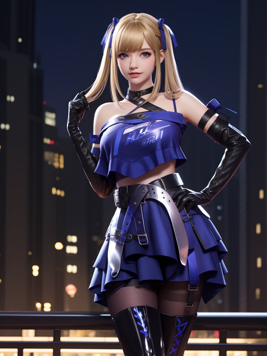 CFqingyaBW, 1girl, elbow gloves, solo,lace-up boots, blue eyes, blonde hair, pantyhose, twintails,skirt,choker, bare shoulders, bangs,crop top,hair ribbon,belt, <lora:CFqingyaBWii:0.75>,mature female, cityscape, night, looking at viewer, standing, cowboy shot, hand on hip, 