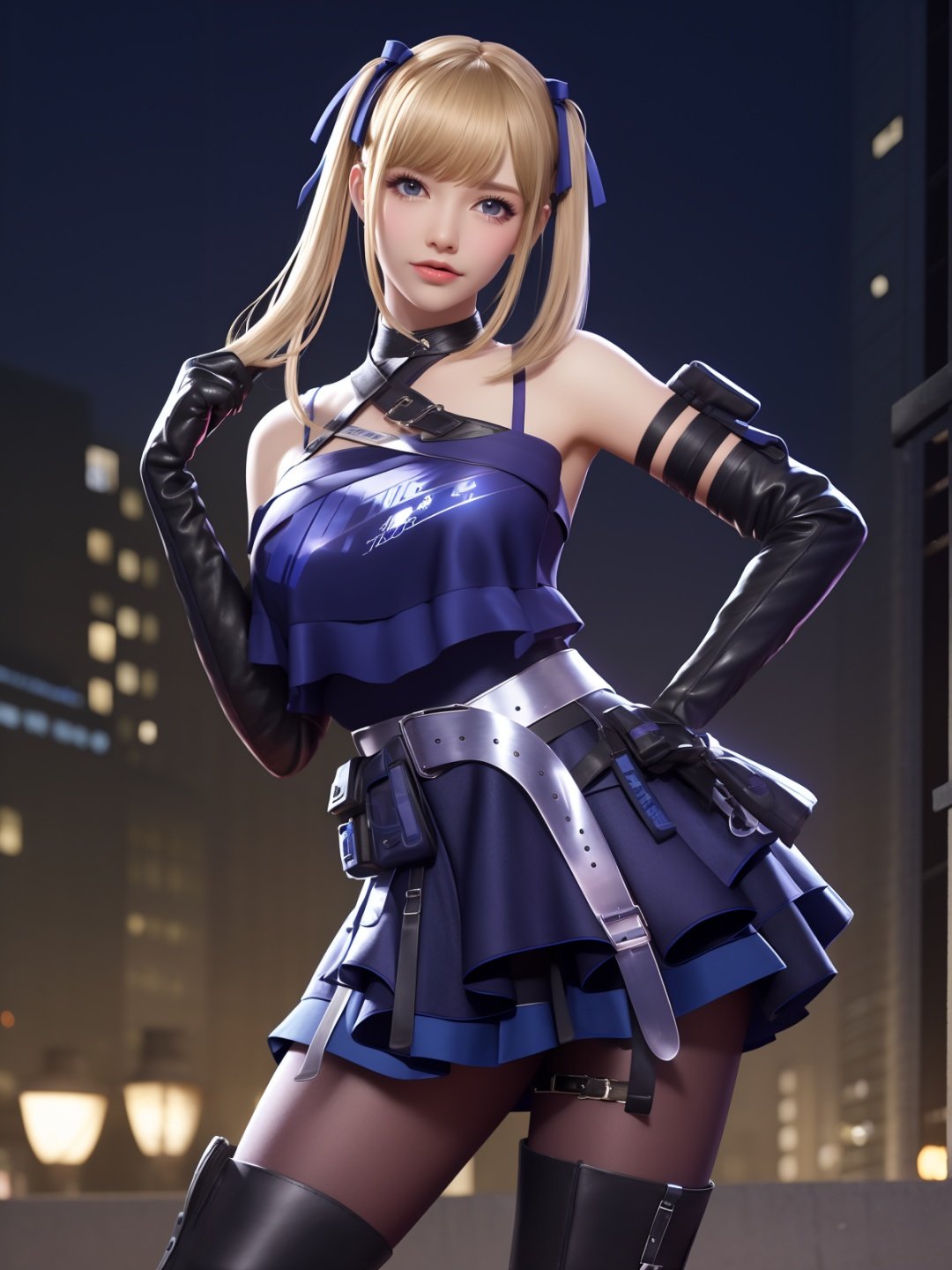 CFqingyaBW, 1girl, elbow gloves, solo,lace-up boots, blue eyes, blonde hair, pantyhose, twintails,skirt,choker, bare shoulders, bangs,crop top,hair ribbon,belt, <lora:CFqingyaBWii:0.75>,mature female, cityscape, night, looking at viewer, standing, cowboy shot, hand on hip, 