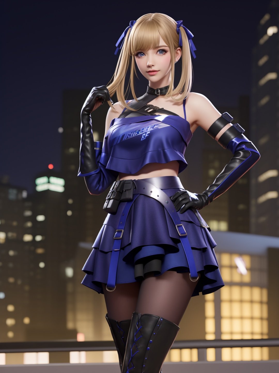 CFqingyaBW, 1girl, elbow gloves, solo,lace-up boots, blue eyes, blonde hair, pantyhose, twintails,skirt,choker, bare shoulders, bangs,crop top,hair ribbon,belt, <lora:CFqingyaBWii:0.75>,mature female, cityscape, night, looking at viewer, standing, cowboy shot, hand on hip, 