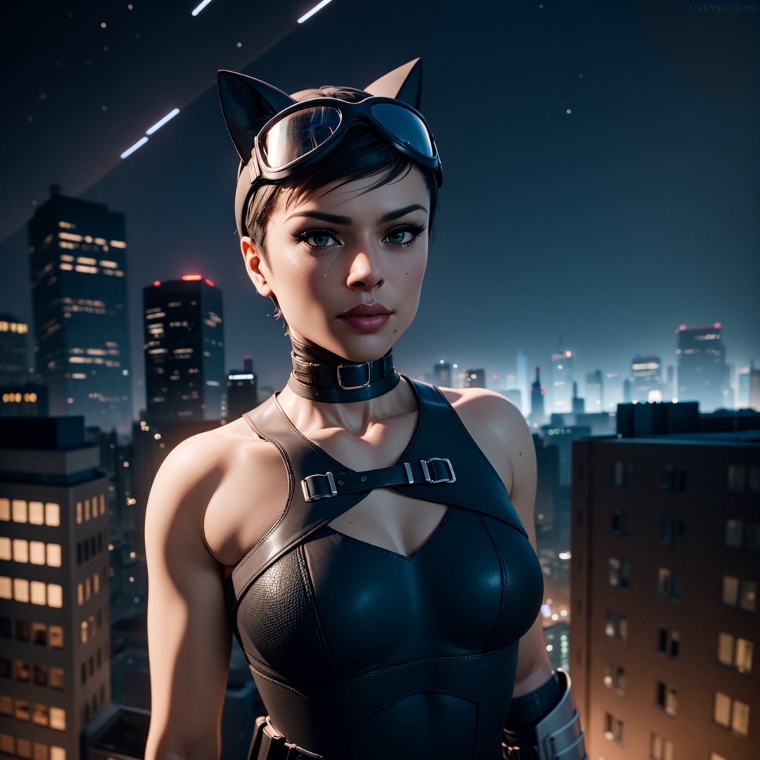 Selina,solo,lips,short hair,black hair,brown eyes, looking at viewer, Kyle,goggles on head,boots,head cap with cat ears,armor,gloves,bodysuit,belt,collar,thigh boots,choker, inner thigh cutout, upper body, solo, standing, close up, smug, night, stars, rooftop, Gotham city, (insanely detailed, beautiful detailed face, masterpiece, best quality)