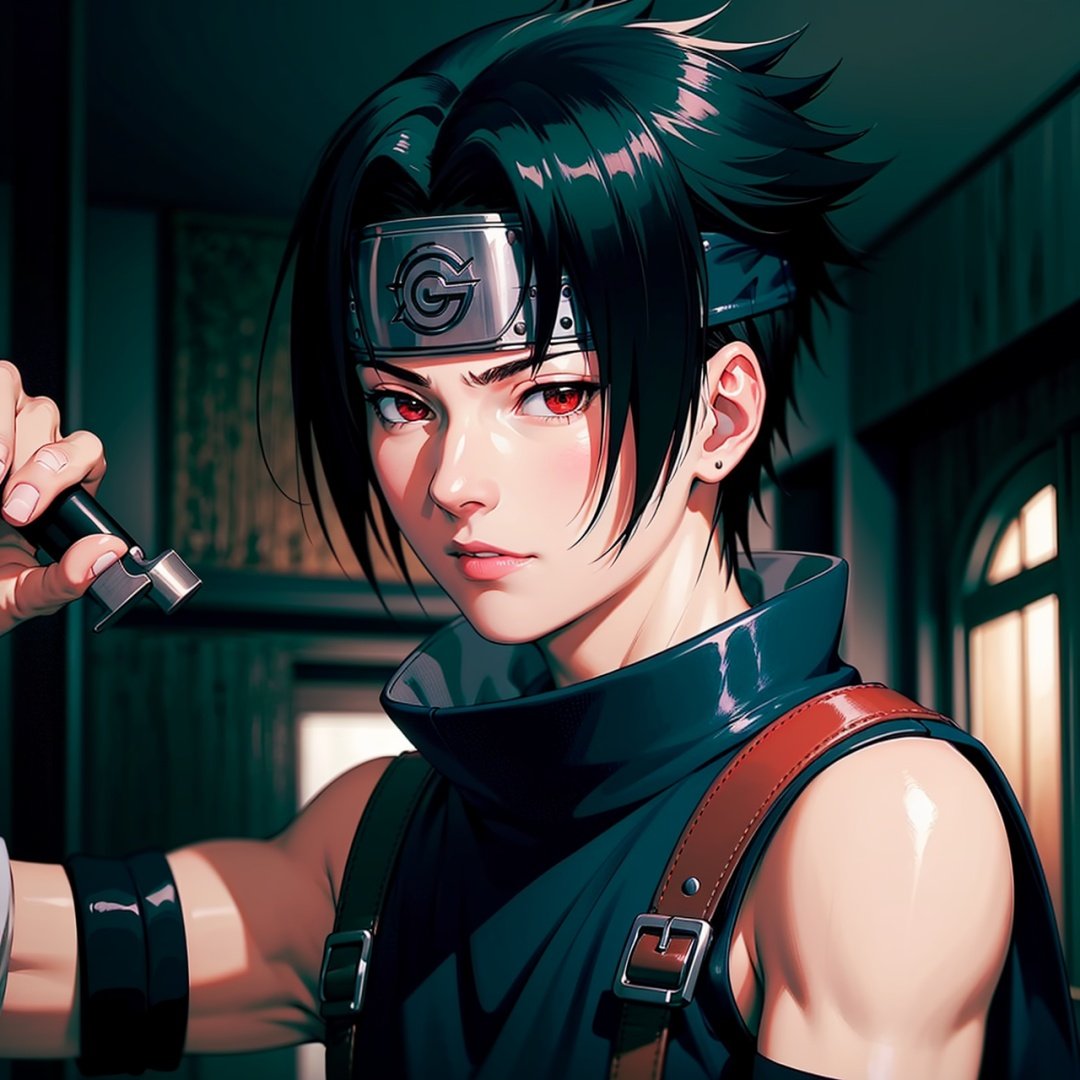 cinematic film still (best quality, masterpiece:1.2), photorealistic, ultra high res, front lighting, intricate detail, Exquisite details and textures, s4suk3, 1boy,spiked hair, (forehead protector), (headband), weapon, short sleeves, sword, ninja, high collar, (konohagakure symbol), short hair, sheathed, holding, japanese clothes, looking at viewer, ,detailed face, professional lighting, photon mapping, radiosity, physically-based rendering, . shallow depth of field, vignette, highly detailed, high budget, bokeh, cinemascope, moody, epic, gorgeous, film grain, grainy