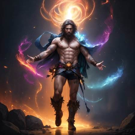 a lean hairy shirtless man, body covered in colourful splashes of lights, full body, dynamic pose, moody, award winning concept art, 4K, HDR, natural lighting, illuminism, fractals, conjuring, sorcerer,