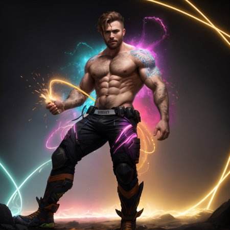 a lean hairy shirtless man, body covered in colourful splashes of lights, full body, dynamic pose, moody, award winning concept art, 4K, HDR, natural lighting, illuminism, fractals, 