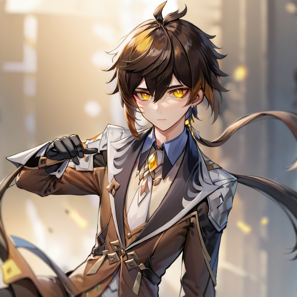 zhongli, male focus, solo, zhongli (genshin impact), 1boy, long hair, gloves, jewelry, brown hair, black gloves, earrings, bangs, single earring, long sleeves, necktie, hair between eyes, multicolored hair, tassel, collared shirt, ponytail, shirt, thumb ring, jacket, formal, tassel earrings, blurry background, looking at viewer, yellow eyes, closed mouth, pants, suit, blurry, gradient hair, polearm, makeup, black hair, eyeliner, white necktie, holding