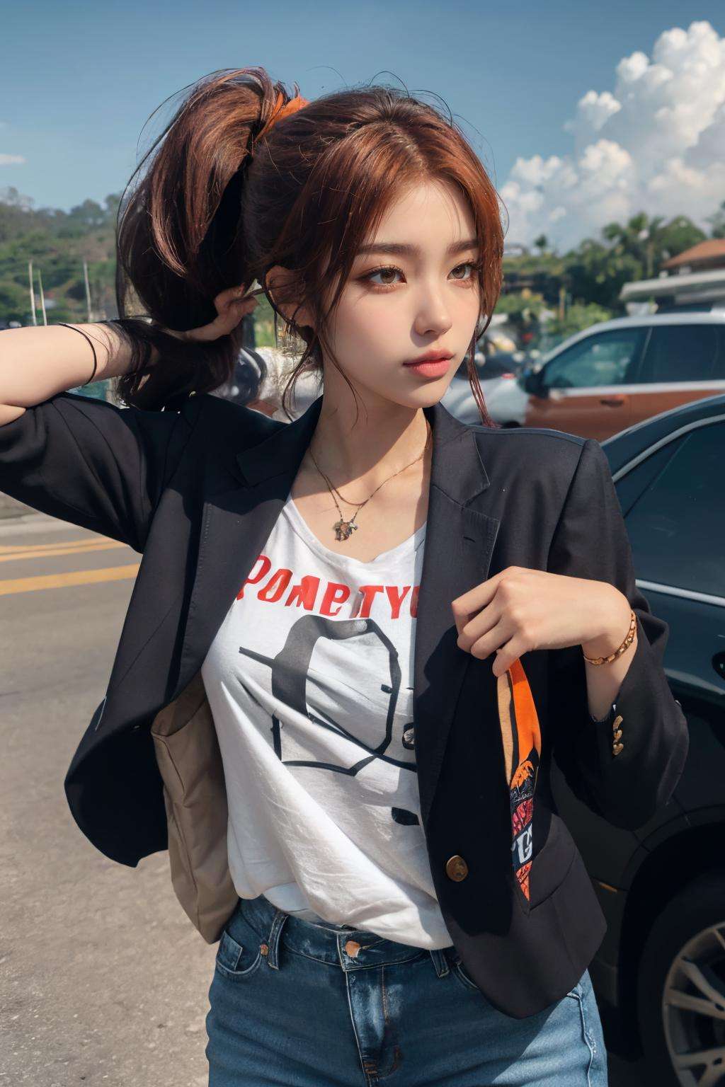 masterpiece,ultra realistic,32k,extremely detailed CG unity 8k wallpaper, best quality,(summer day ),lady ,necklace ,eardrop, Bali, Indonesia, ( dark orange Wear a tailored blazer with a graphic t-shirt and skinny jeans. ) , multicolored hair hair ponytail ,