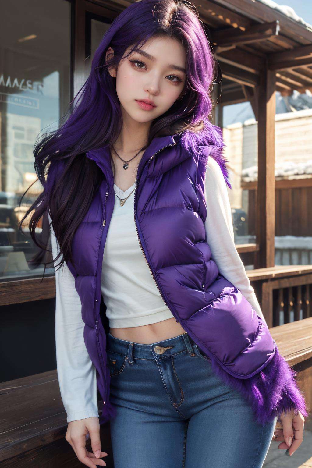 masterpiece,ultra realistic,32k,extremely detailed CG unity 8k wallpaper, best quality,(winter day ),lady ,necklace ,eardrop, Maldives, ( fluorescent purple Layer a faux fur vest over a long-sleeved shirt with skinny jeans ) , purple hair hair Layered hair ,