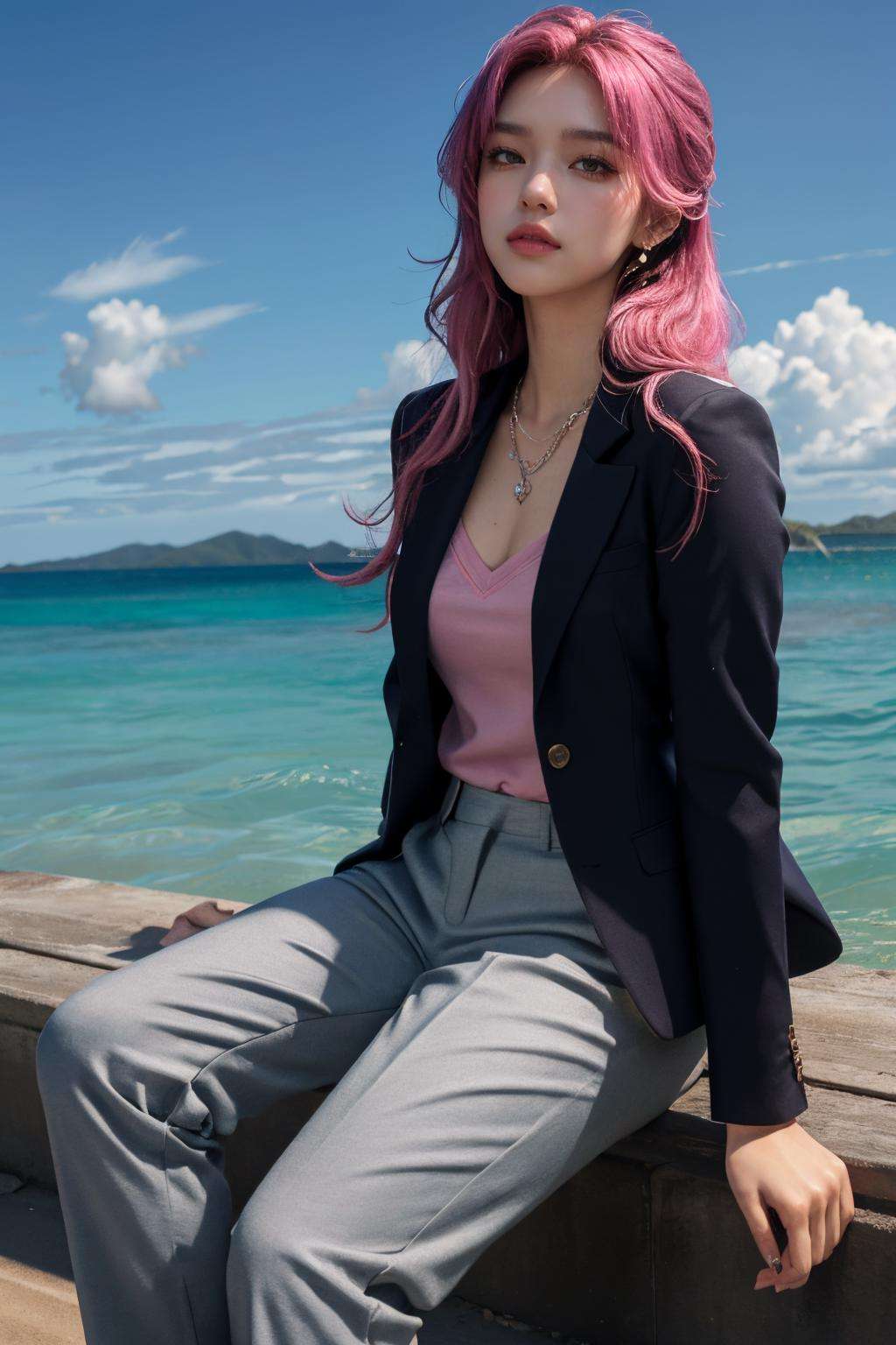 masterpiece,ultra realistic,32k,extremely detailed CG unity 8k wallpaper, best quality,(winter day ),lady ,necklace ,eardrop, The Great Barrier Reef, Australia, ( dark pink Pair a classic blazer with tailored trousers and pointed-toe heels. ) , rainbow hair hair long hair ,